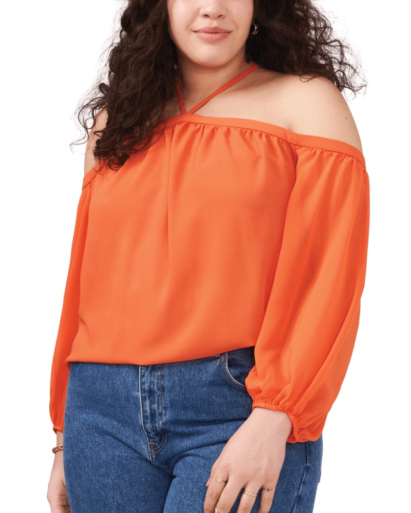 Front of a model wearing a size 0X Claire High Neck Blouse in TIGERLILY by 1.State. | dia_product_style_image_id:262301